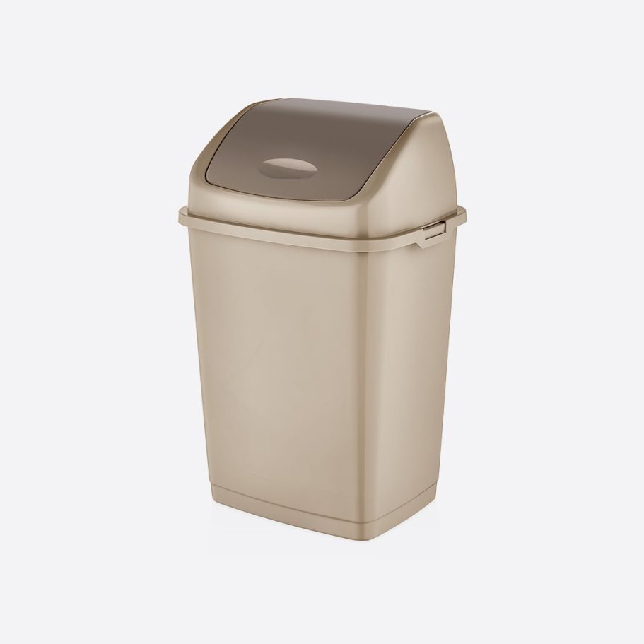 Poubelle rectangulaire en plastique beige avec couvercle.